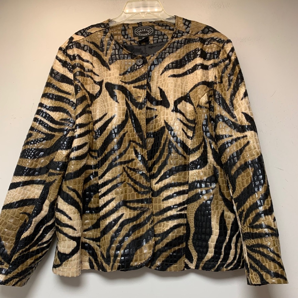 Selene Sport Jacket Womens 18W Brown Tiger Print Faux Leather Excellent Textured